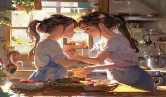 亲吻姐姐亚子活力早晨场景，阳光少女在厨房为弟弟准备早餐，画面明亮温馨充满生活气息