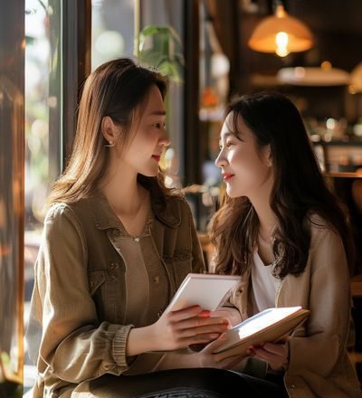 亲吻姐姐情感内容策划主理人王萌的生活照，她手持笔记本坐在咖啡馆靠窗位置，阳光洒在她的侧脸上，神情专注而愉悦，背景是温馨的咖啡馆环境