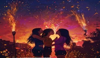亲吻姐姐校园祭场景，三人共同参与夏日祭典，烟火绽放背景下的青春恋爱画面绚烂动人