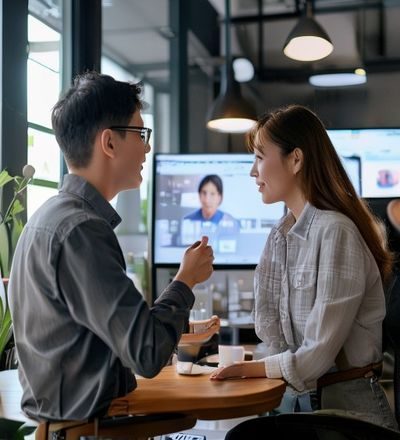 亲吻姐姐用户体验总监陈瑞的工作照，他正在宽敞明亮的设计工作室内专注地查看屏幕上的用户界面原型，桌面整洁，旁边放着一杯咖啡